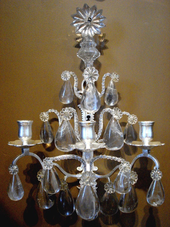 Pair of Rock Crystal and Silvered Bronze Sconces