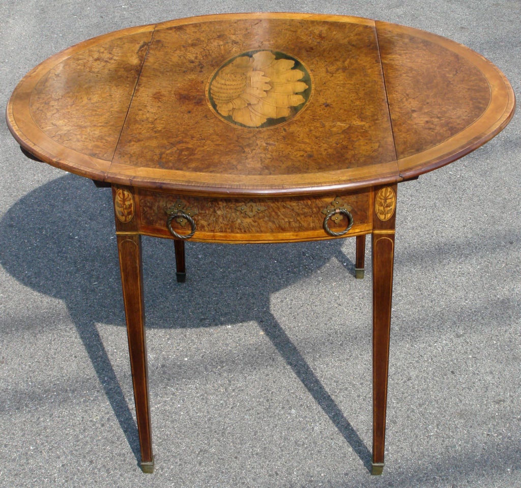 Period Burl Yew Wood and Satinwood Pembroke Table.  Remarkable large conch shell central inlay.  Attributed to William Moore, Dublin.