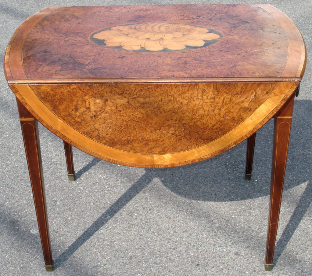 19th Century IRISH HEPPLEWHITE BURL YEW AND SATINWOOD PEMBROKE TABLE