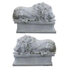 Pair Of Monumental Carved Marble Lions On Plinthes