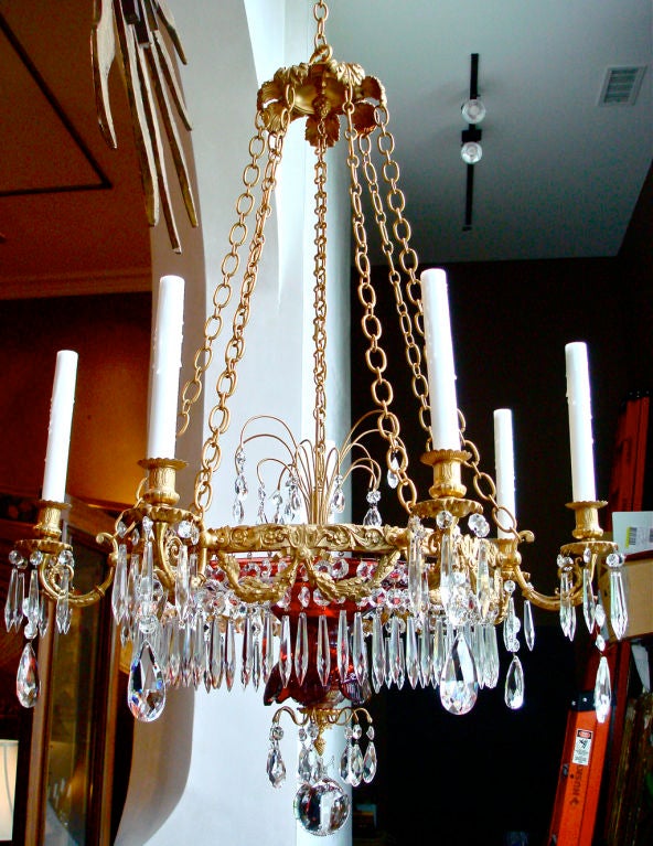 Rare Neoclassical Russian Style Chandelier with Deep Colored Cranberry Glass Bowl and Ormolu Swag Oak Leaf Motif