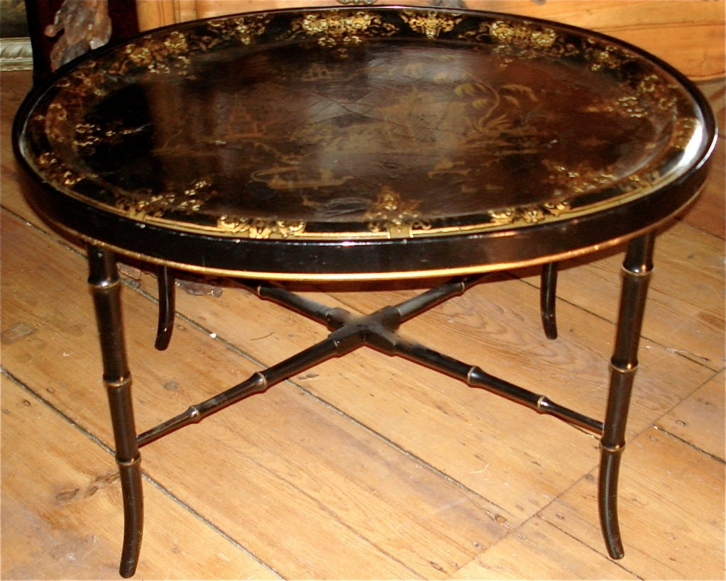 Period Regency Black Papier Mache Tray on Later Stand in Chinoiserie Taste