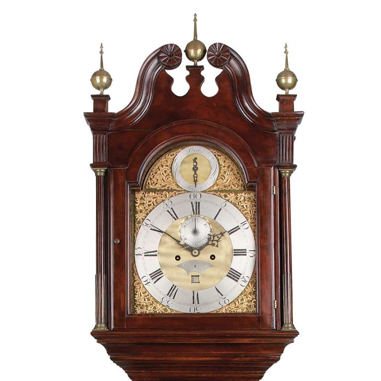 Period Georgian Tallcase Clock, Pedimented Hood, Columned Long Case