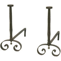 French Steel 19th Century Andirons with Brass Finials French Steel 19th Century Andirons with Brass Finials