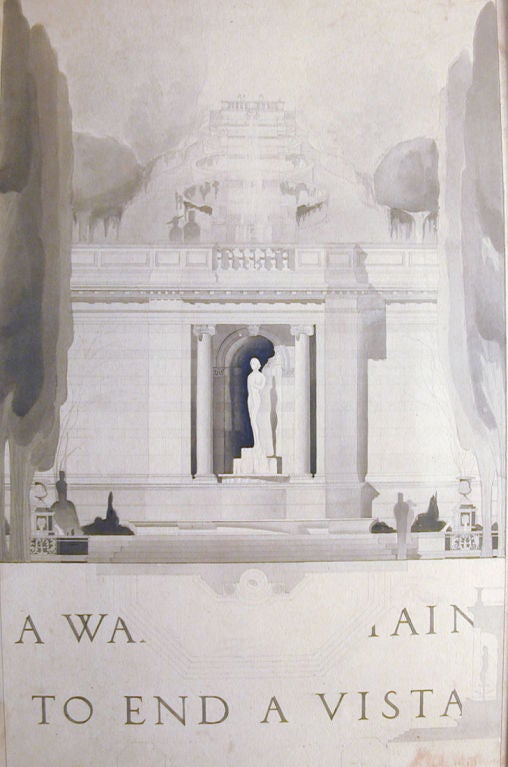"Water Fountain to End a Vista, " Original Landscape Drawing