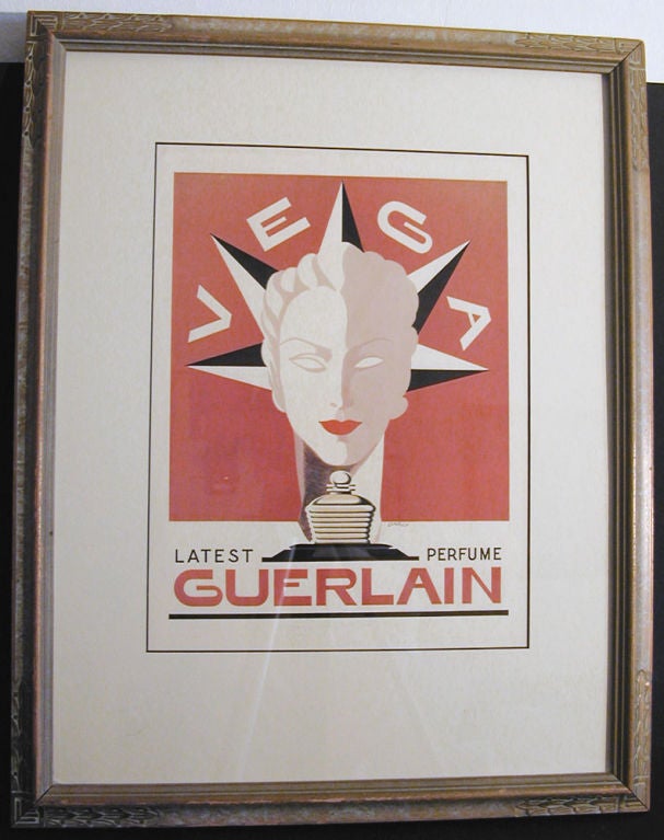 Dating from 1936 when Guerlain introduced its new Vega perfume, this brilliantly-stylized silk screen poster was designed by Jacques Darcy, who produced a number of images for the perfumier over many years.