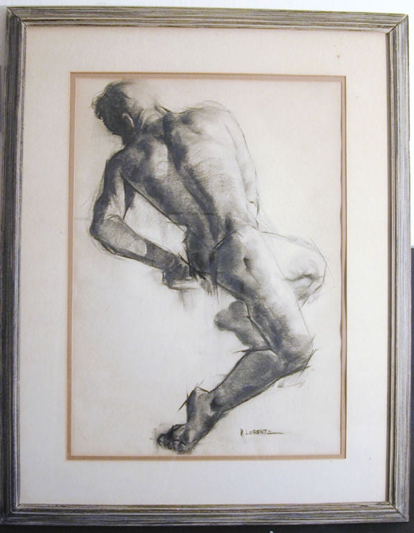 Stylized and dynamically posed, this academic study of a male nude, executed in charcoal by Pauline Lorentz, is superbly done.  The figure's back is powerfully expressed, and his head, draped in shadow, gives the drawing a measure of mystery.