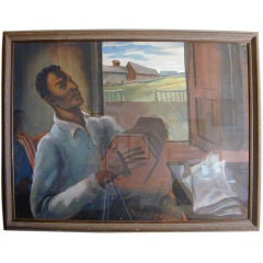Vintage "Playing the Concertina, " Gouache Painting, Circa 1930s