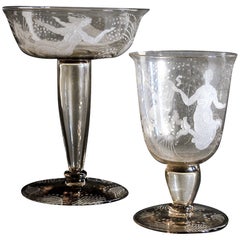 Extraordinary Set of 8 Engraved Wine Glasses by Pelzel for SALIR