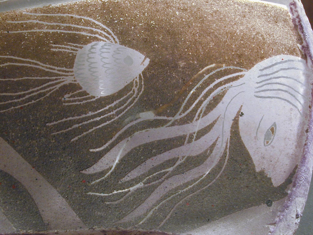 Etched Art Deco Glass Mermaid and Fish by Waylande Gregory