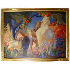 Antique "Apple Pickers" Large Art Deco Painting with Male Nudes