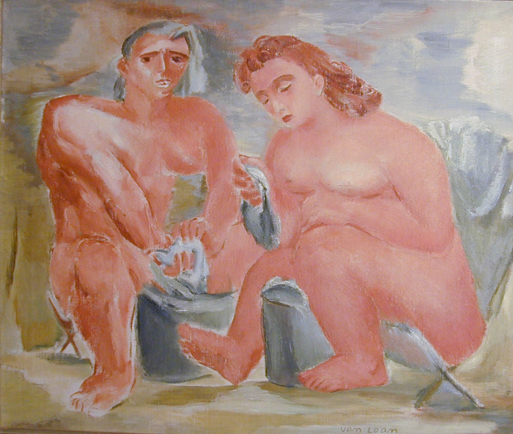 Executed in gorgeous shades of coral, dove gray and olive, this scene of two nude women perched on folding chairs was painted by Dorothy Van Loan, a celebrated modernist who won many prizes and medals in the 1920s, 30s and 40s.  She exhibited