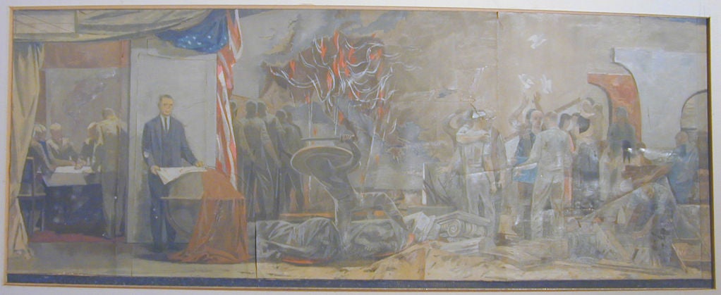 Diese seltene, in Gouache auf Papier ausgeführte Wandstudie wurde von Henrik Mayer gemalt, der bei Eugene Savage studierte, in Indiana und Connecticut unterrichtete und Wandmalereien für die Works Progress Administration (WPA) anfertigte.  Wie viele