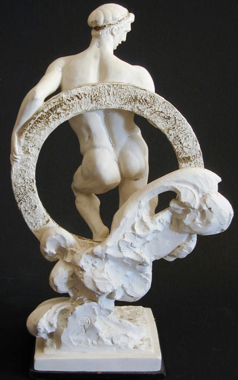Sculpted with finesse and sensitivity, this late Renaissance-influenced male nude figure is probably a unique piece, and is marked with Fred Press' monograph. Press was a kind of Renaissance Man in midcentury design, creating new patterns for