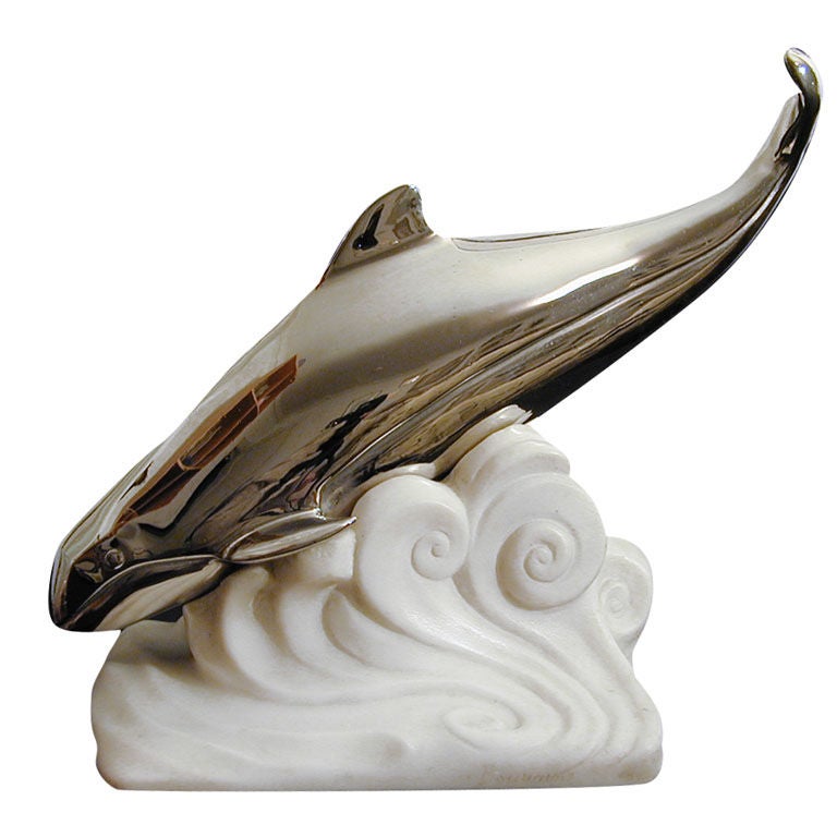 "Diving Whale, " Art Deco Bronze and Marble Sculpture by Bouraine