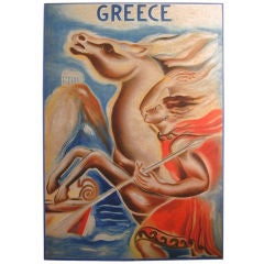 "Greece, " brilliantly hued Art Deco color lithograph