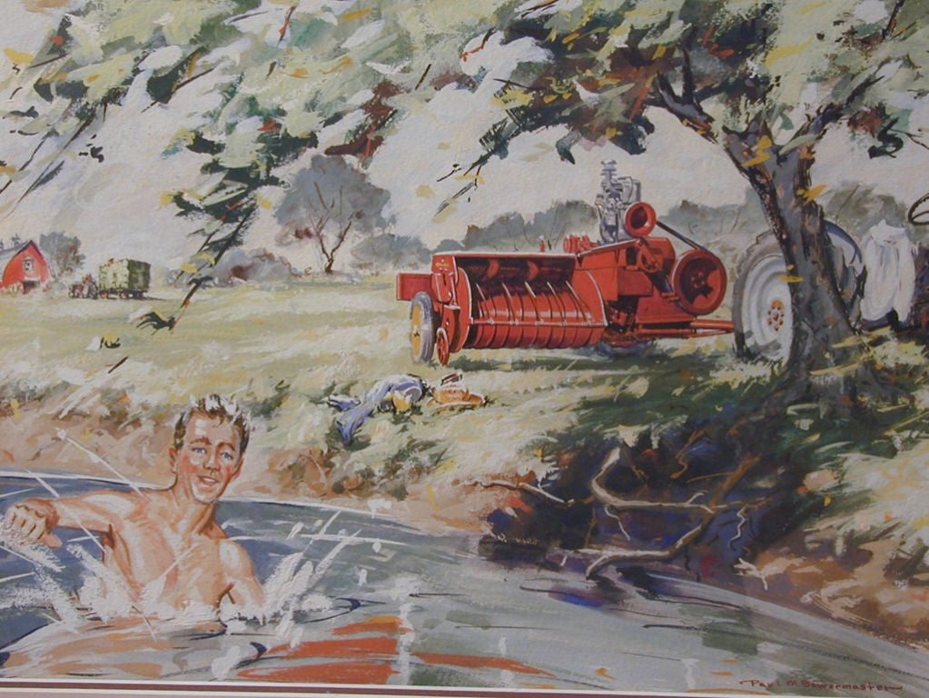 Reflétant un âge perdu de l'innocence, cette charmante aquarelle a servi de base à une publicité de la New Holland Machine Company pour sa presse à balles en 1952.  Bien que l'agriculteur soit représenté en train de faire une pause dans une piscine