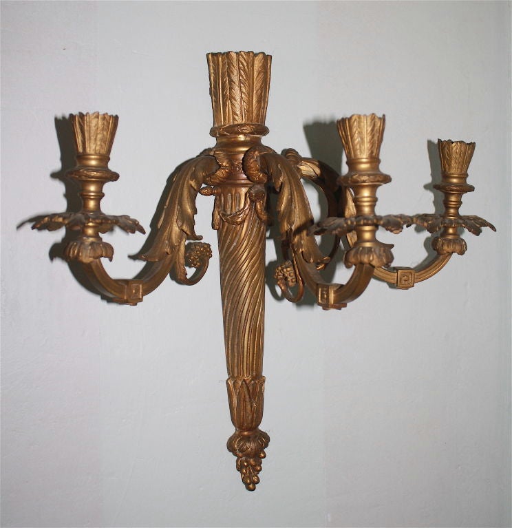 Hand-Crafted PAIR Neoclassical Revival Three-candle Sconces - Astor Provenance For Sale