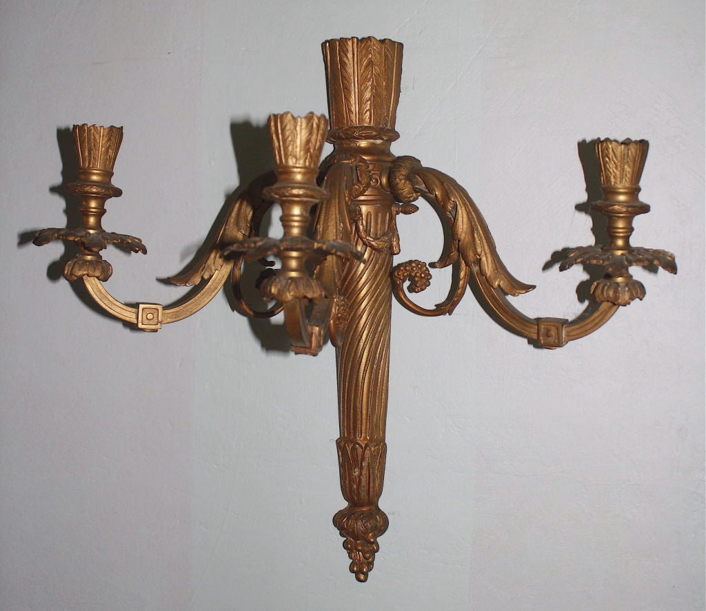 PAIR Neoclassical Revival Three-candle Sconces - Astor Provenance In Good Condition For Sale In Woodbury, CT