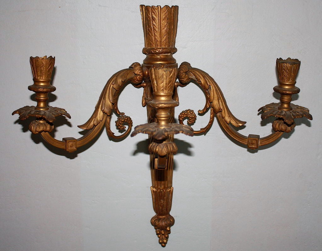 American PAIR Neoclassical Revival Three-candle Sconces - Astor Provenance For Sale
