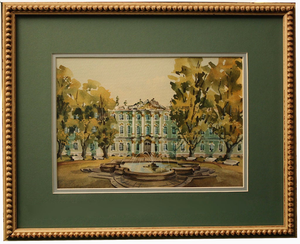 Three watercolors, matted and framed under glass, of varying views of and from The Hermitage; including an 18th century style view, a view from the canal and a view toward the Gulf of Finland. By a member of the St. Petersburg Society of