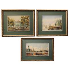 THREE Russian Watercolors of The Hermitage at St. Petersburg