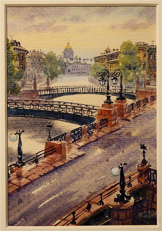 Set of three original watercolors: Bridges over the canal, The Peterhof and The Nevsky Prospect; executed by a member of the St. Petersburg Society of Watercolorists.