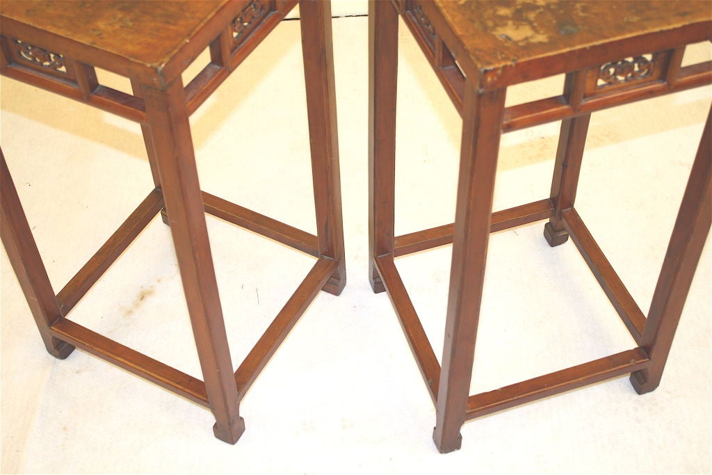 Hand-Carved Pair of Chinese Leather-Top Pedestal Tables