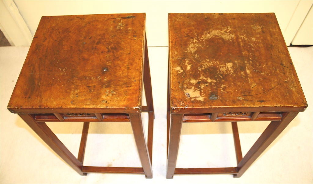 Pair of Chinese Leather-Top Pedestal Tables In Distressed Condition In Woodbury, CT