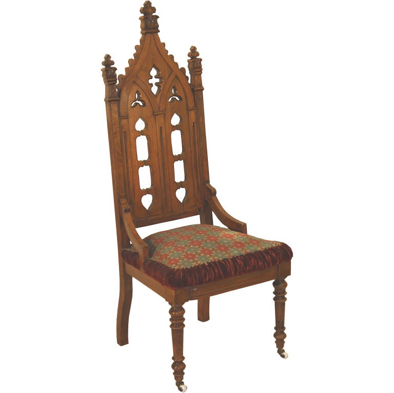 Gothic Revival Hall Chair, Original Needlepoint Seat