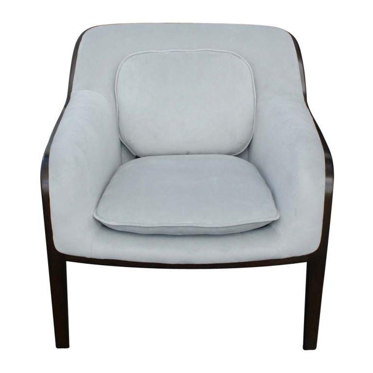 A pair of mid century modern lounges chairs designed by Bill Stephens for Knoll in the early 1960's.  Model no. 1315 with dark walnut frame and new brushed silver velvet upholstery.