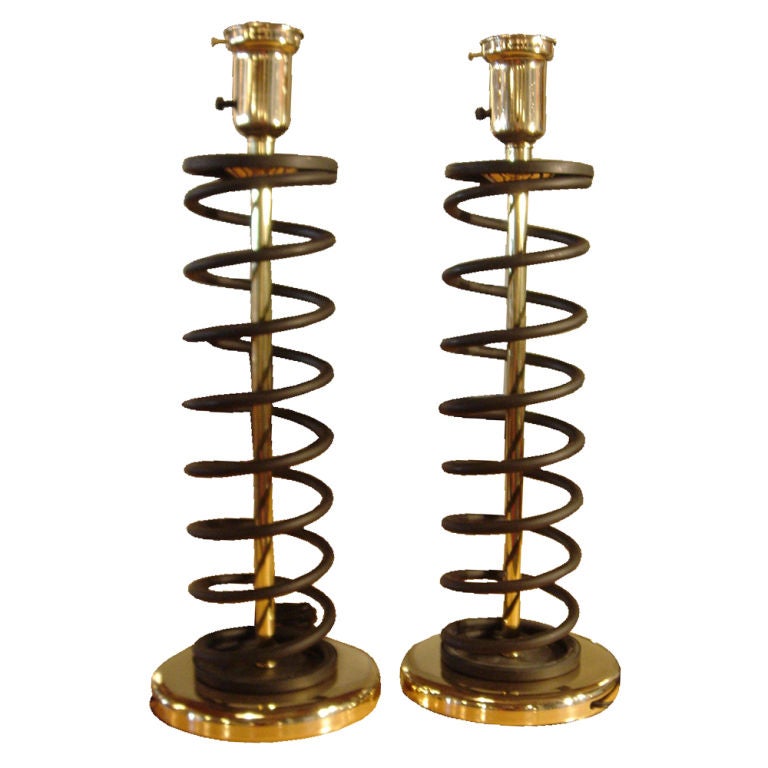 Pair of Brass and Steel Coil Spring Lamps in the Manner of Donald