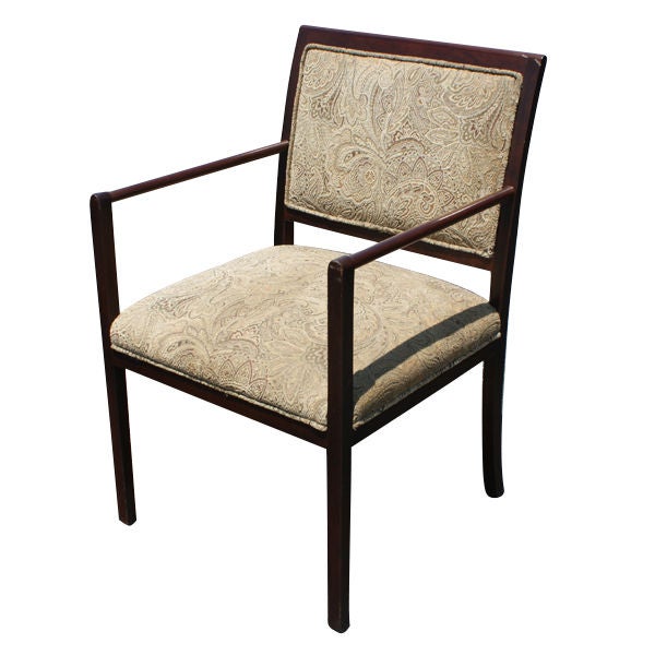 One dining/side chair designed by Ward Bennett for Brickel.  Dark brown wooden frame with sculpted cream/golden fabric upholstery. This price is for 1 chair 7 available.