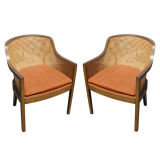 Pair Of Ward Bennett For Brickel Walnut And Cane Arm Chairs