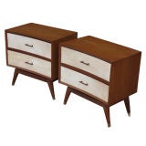 Pair Of Teak Parchment Front Nightstands Side Tables