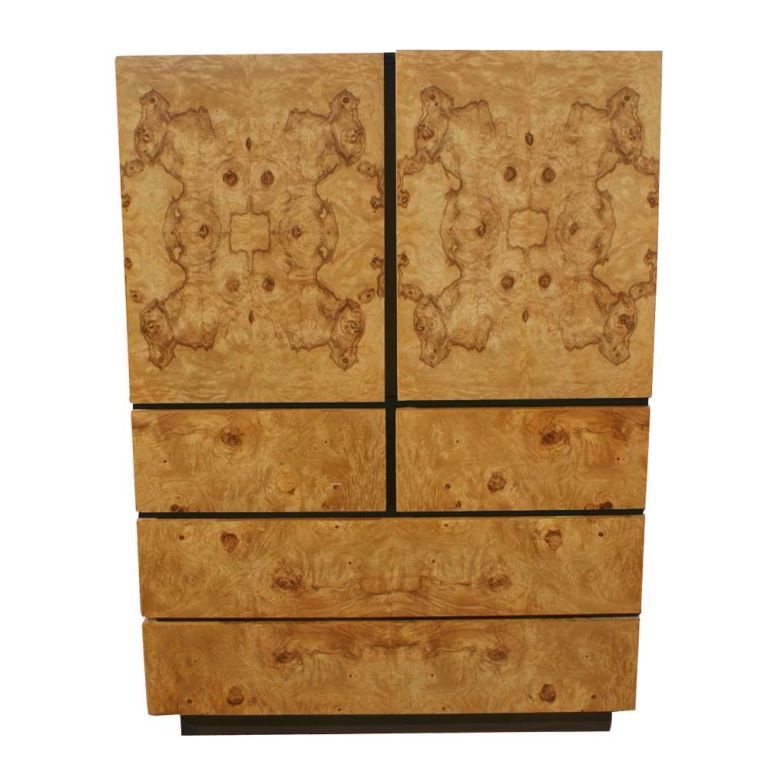 A Mid-Century Modern highboy with matte black lacquer case and burled olivewood door and drawer fronts. Four lower drawers. The upper doors opening to reveal an additional drawer and three compartmentalized storage areas. As shown in the last image,