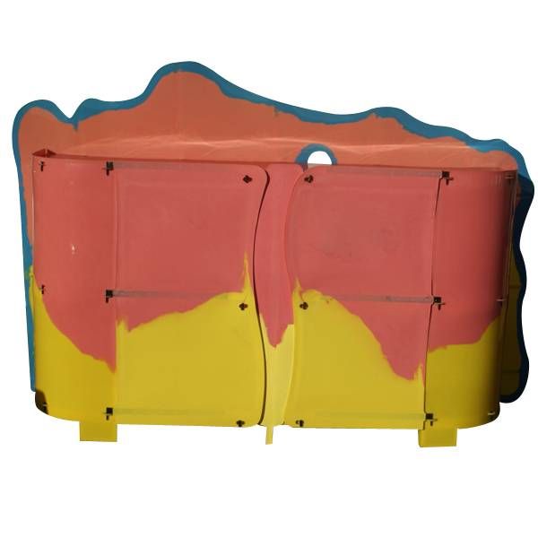 A mid century modern sideboard or cabinet designed by Gaetano Pesce for Zerodesegno. Handmade of Pesce's famous multi-colored resin this buffet is pink and yellow. It is a unique piece made October 14, 2002.