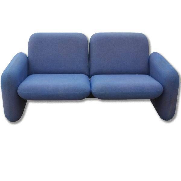 A mid century modern two seat settee designed by Ray Wilkes for Herman Miller.  The cushions and arms are in the form of large pieces of Chiclet gum.  The sofa upholstered in blue wool blend fabric.