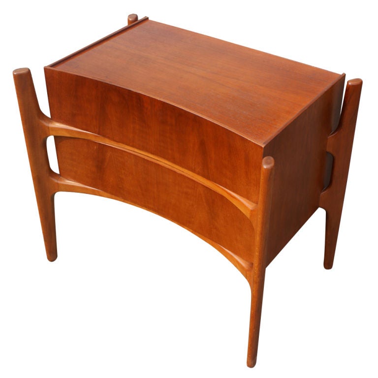 A mid century modern Danish side table or nightstand designed by Borge Mogensen.  Beech with two drawers and a distinctive design.