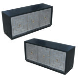 4ft Pair Of Black Lacquer Stainless Studded Credenza Cabinets Parzinger Style