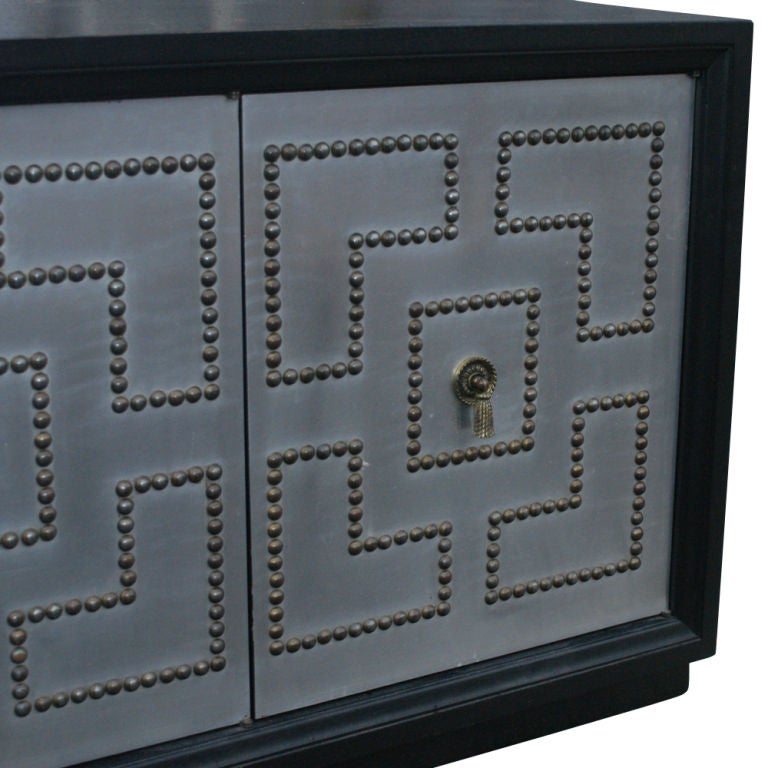4ft Pair Of Black Lacquer Stainless Studded Credenza Cabinets Parzinger Style In Excellent Condition In Pasadena, TX