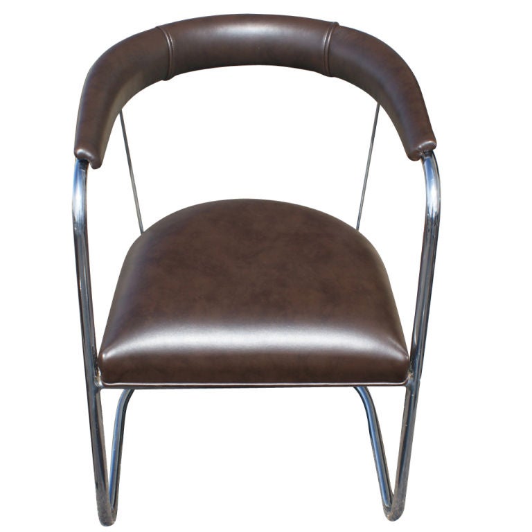Pair Of Art Deco PEL Tubular Chrome And Leather Side Chairs