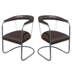 Pair Of Art Deco PEL Tubular Chrome And Leather Side Chairs