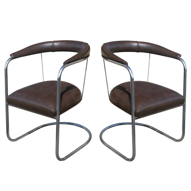 Pair Of Art Deco PEL Tubular Chrome And Leather Side Chairs