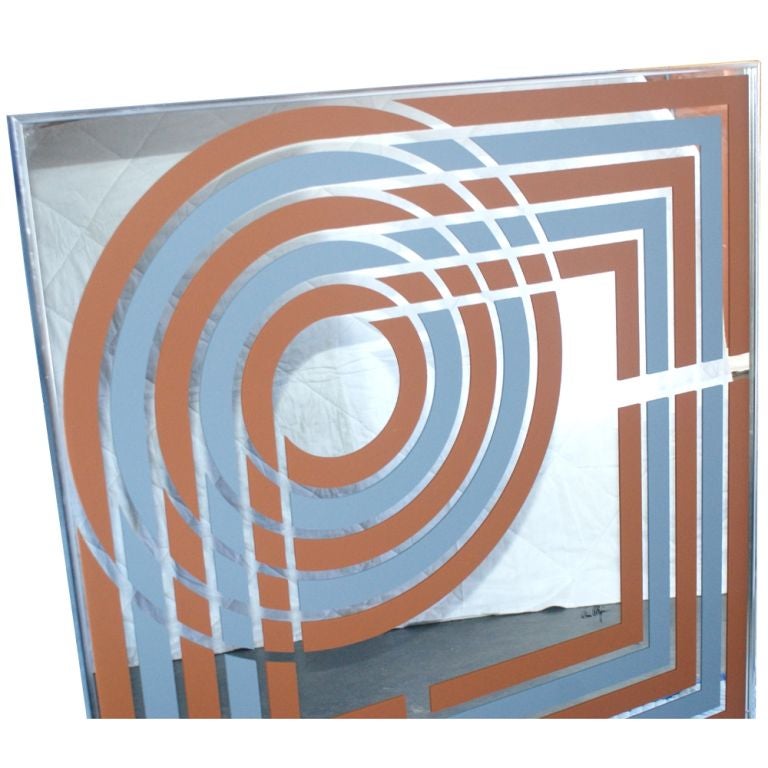 A mid century modern blue and brown geometrical print on a mirror with an aluminum frame by the studio of Greg Copeland.