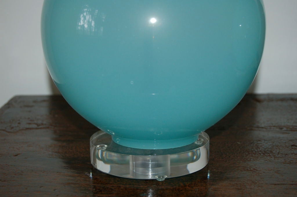 Vintage Murano Table Lamps in Baby Blue on Lucite In Excellent Condition In Little Rock, AR