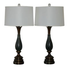Beautiful Carved Wood and Bronze Mid Century Lamps