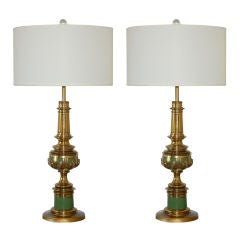 Mid Century Table Lamps of Brass and Green Lacquer - Rembrandt