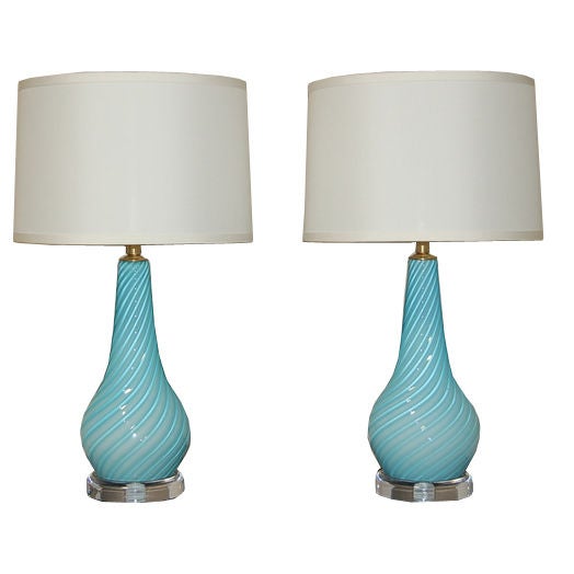 Swirled & Ribbed Baby Blue Murano Lamps