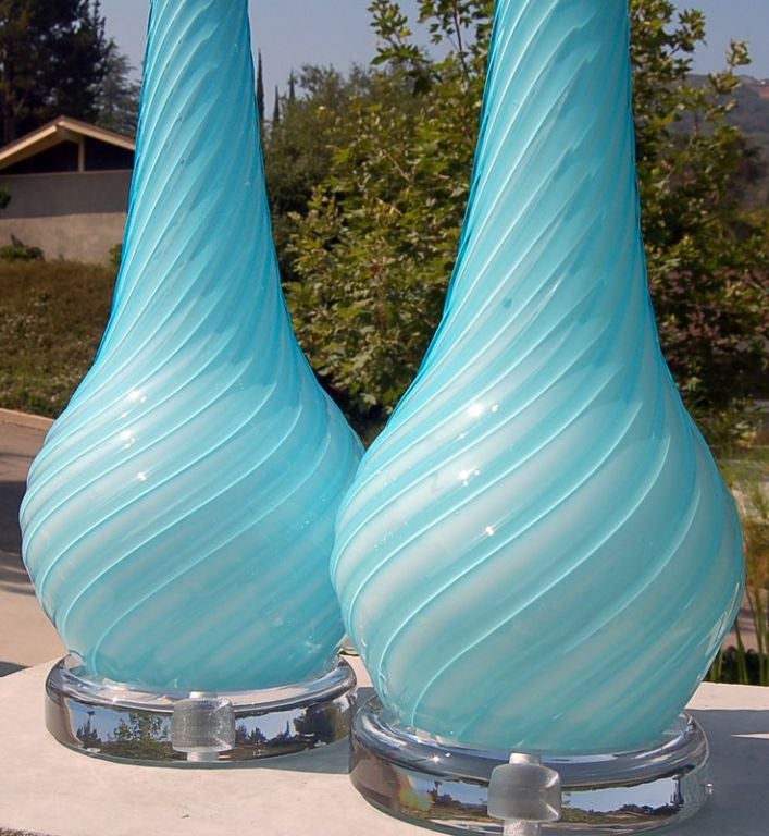 Mid-Century Modern Swirled & Ribbed Baby Blue Murano Lamps